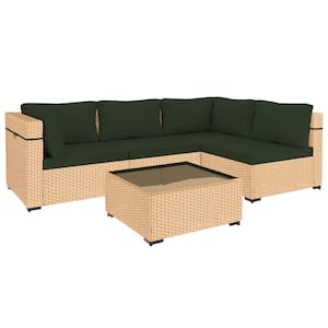 5-Piece Beige Wicker Patio Conversation Set with Pine Green Cushions and Coffee Table