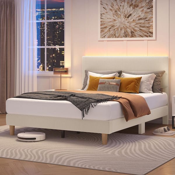 Beige Wood Frame Queen Platform Bed Upholestered Headboard with LED Lights