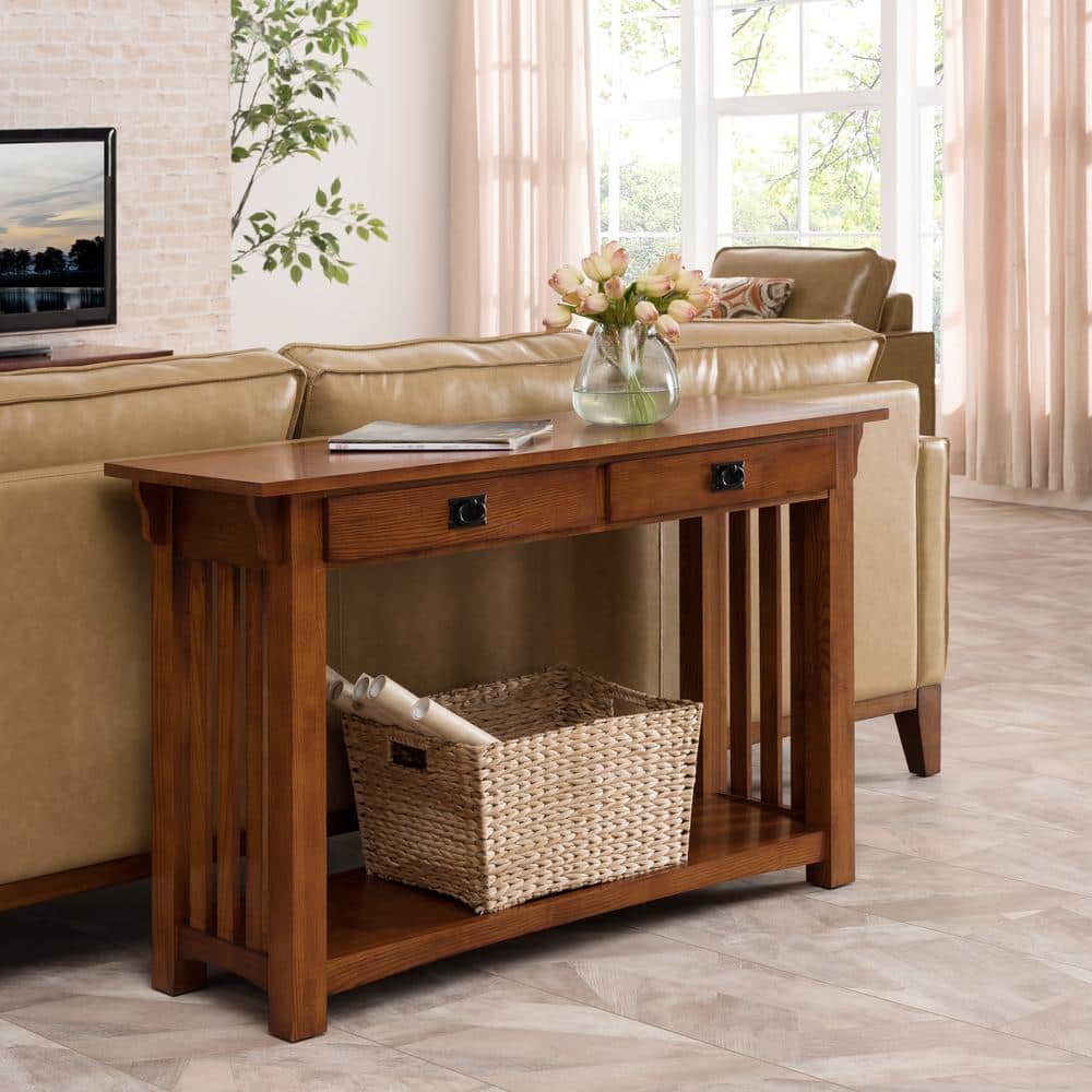 Mission Style Solid Oak Console Table with Storage Drawers