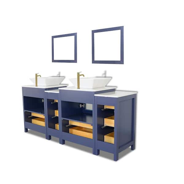 Ravenna 72 in. W Double Basin Bathroom Vanity in Blue with White Engineered Marble Top and Mirror