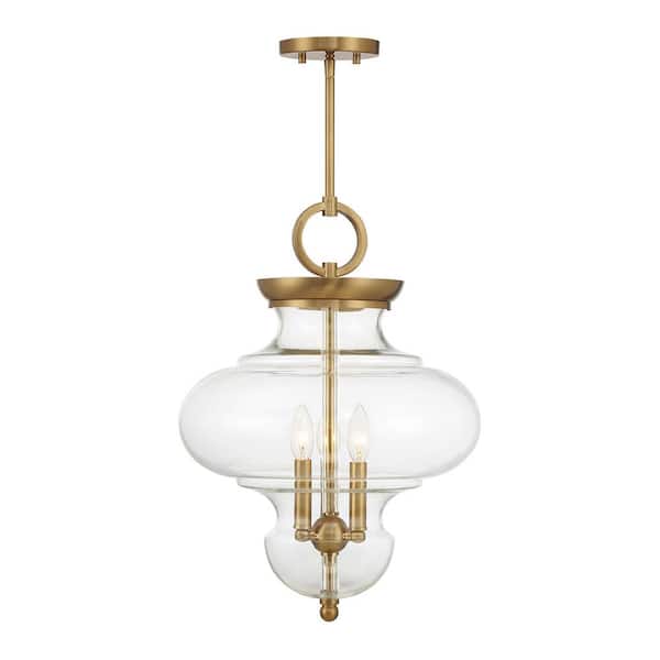 Bergdorf 15 in. W x 21.5 in. H 3-Light Warm Brass Traditional Pendant Light with Clear Glass Shade, No Bulbs Included