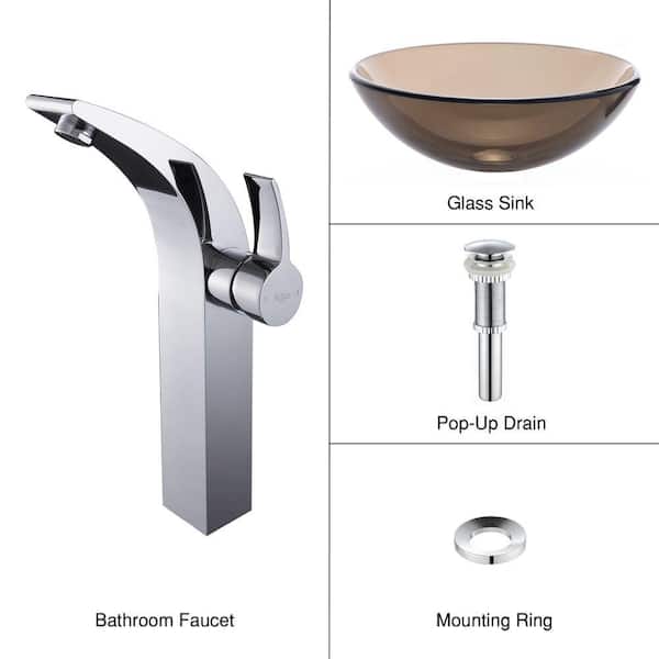 KRAUS Glass Vessel Sink in Brown with Illusio Faucet in Chrome