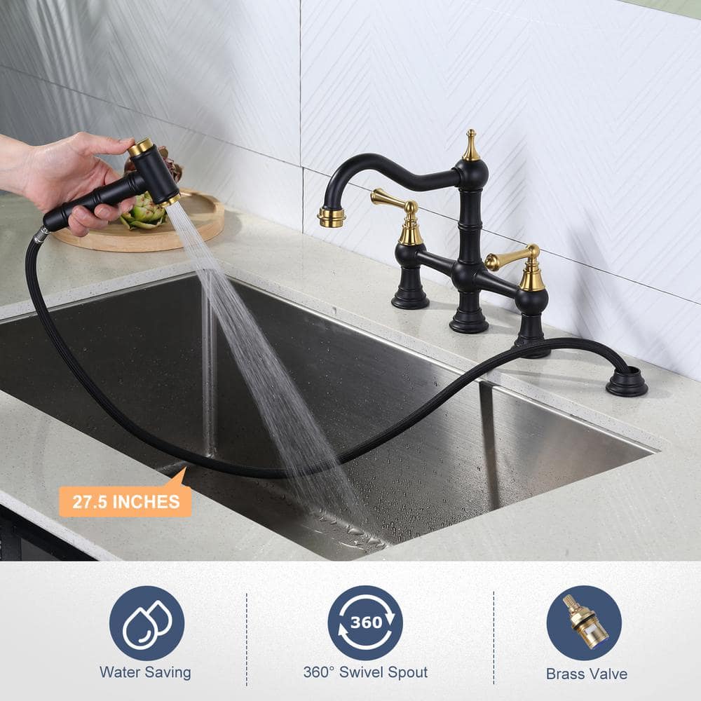 Matte Black and Gold Double Handle Bridge Kitchen Faucet with Side Sprayer