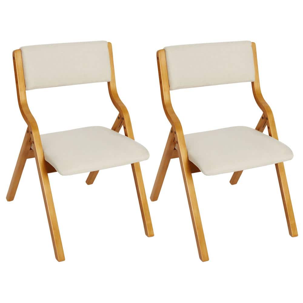 Modern Foldable Dining Chairs with Solid Wood Frame, Set of 2, Beige