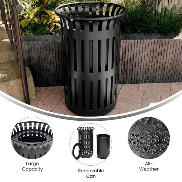 Collins Commercial Grade Black Outdoor Round Slatted Steel 37 Gal. Trash Can with Removable Inner Bin
