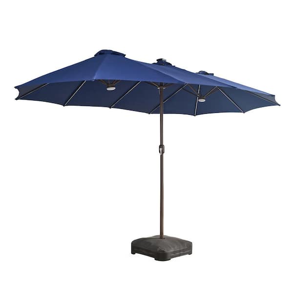 15 ft. x 9 ft. Metal Solar LED Lights Double-Sided Market Patio Umbrella with Base and Crank in Royal Blue