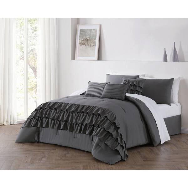 Addison House Reese 5-Piece Gray Twin Ruffle Comforter Set with Throw Pillows