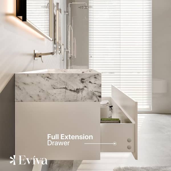 Eviva Fritti 48 in. W x 20 in. D x 16.5 in. H Floating Bathroom Vanity in White with White Carrara Marble Top with Trough Sink