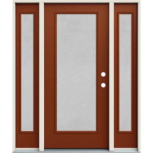 JELD-WEN 60 in. x 80 in. Left-Hand Full Lite Micro-Granite Frosted Glass Mesa Red Fiberglass Prehung Front Door w/Sidelites