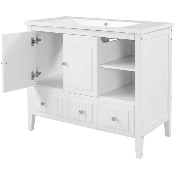 FORCLOVER 36 in. W x 18. in D. x 32 in. H Solid Frame Bath Vanity in White with White Ceramic Top and Basin