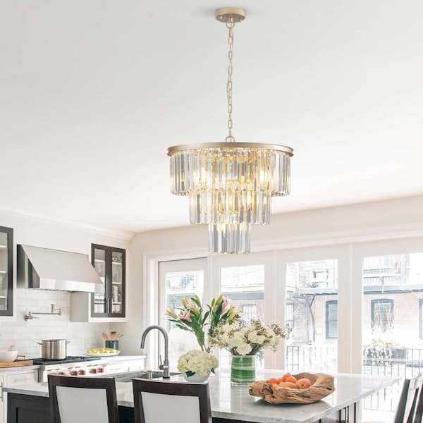 20 in. 7-Light Modern Gold 3-Tier Round Crystal Fringe Chandelier with Crystal Accents