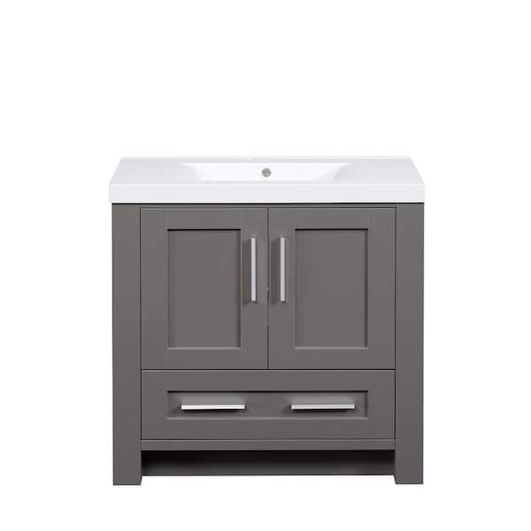 Runfine 35.37 in. W x 18.12 in. D x 34.00 in. H Vanity in Grey with Cultured Marble Vanity Top in White with White Basin