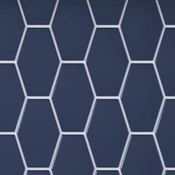 CRUZ BAY STUDIO Long Hex 2.83-3in. x3. 5-4in. Deep Blue Matte Glass Mesh-Mounted Mosaic Tile Sample