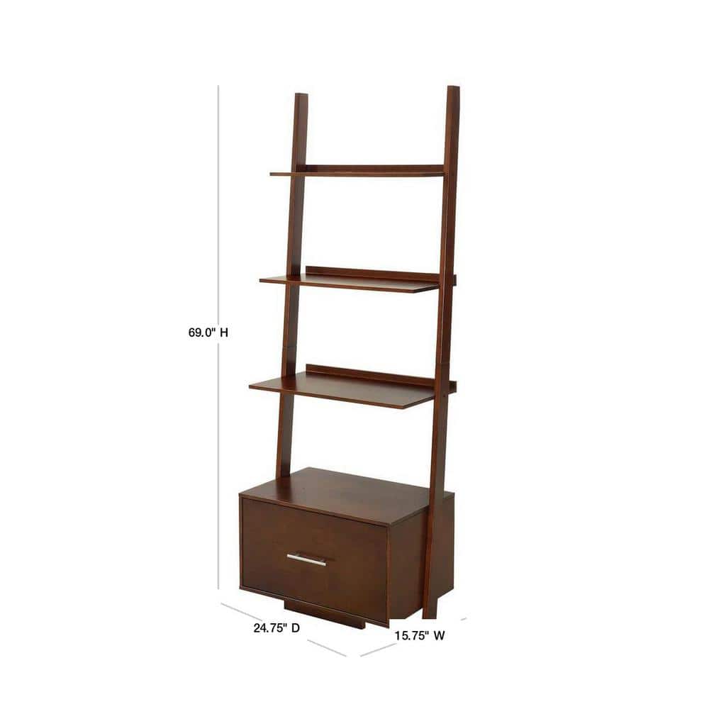 Espresso Ladder Bookcase with Spacious Tiers and File Drawer