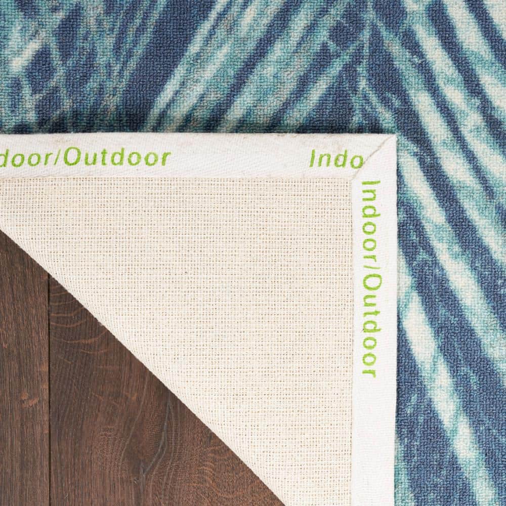Navy Blue Tropical Leaf Pattern Indoor/Outdoor Rug, 10' x 13'