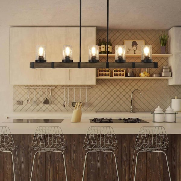 5-Light Kitchen Island Lighting,Modern Chandelier Over Table, Dining Room Light Fixture Hanging For Modern Farmhouse Linear Chandeliers Black Rustic