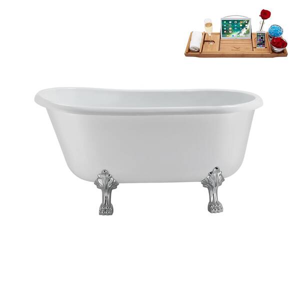 Streamline 57 in. Acrylic Clawfoot Non-Whirlpool Bathtub in Glossy White with Brushed Nickel Drain and Polished Chrome Clawfeet