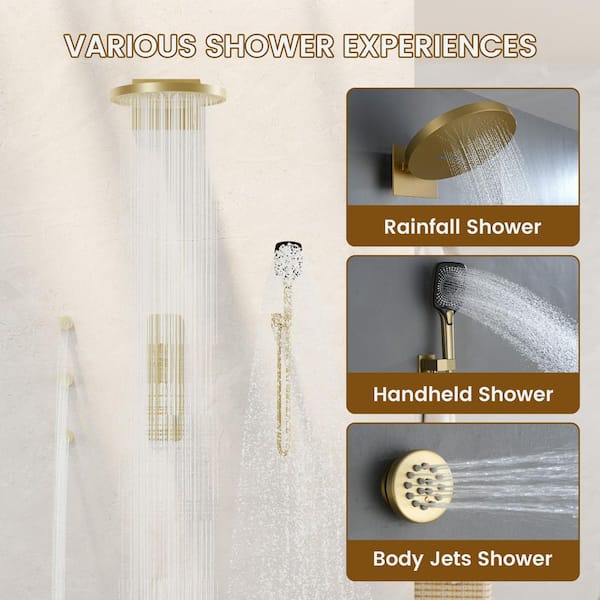 Thermostatic 6-Spray Wall Mount Dual Fixed and Handheld Shower Head with 3-Body Jets in Brushed Gold (Valve Included)