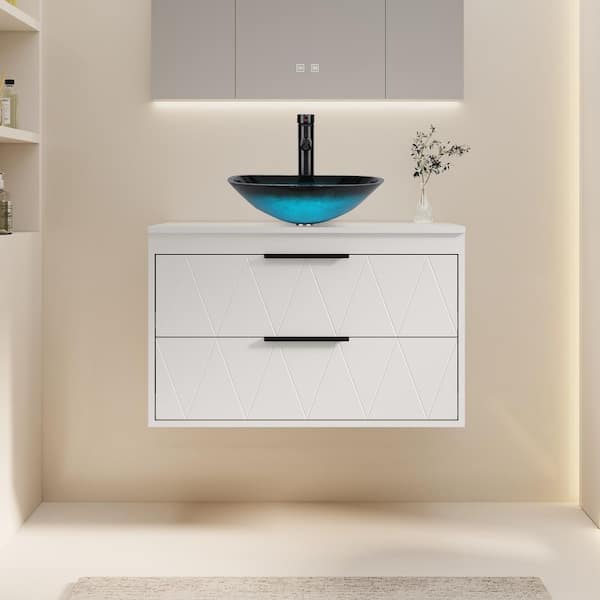30 in. W x 20.5 in. D x 18.7 in. H Single Sink Bath Vanity in White with Turquoise Glass Vessel Sink Top ORB Faucet Set