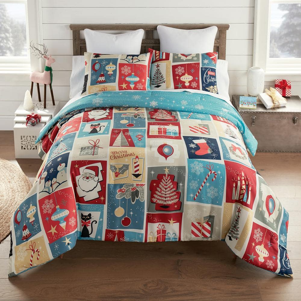 King Size Red and Multicolor Microfiber Reversible Quilt Set