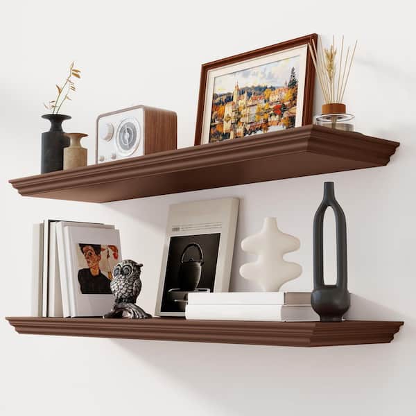36 in. W x 9.25 in. D Walnut Wooden Decorative Wall Shelf Crown Molding Floating Shelves 2-Pack