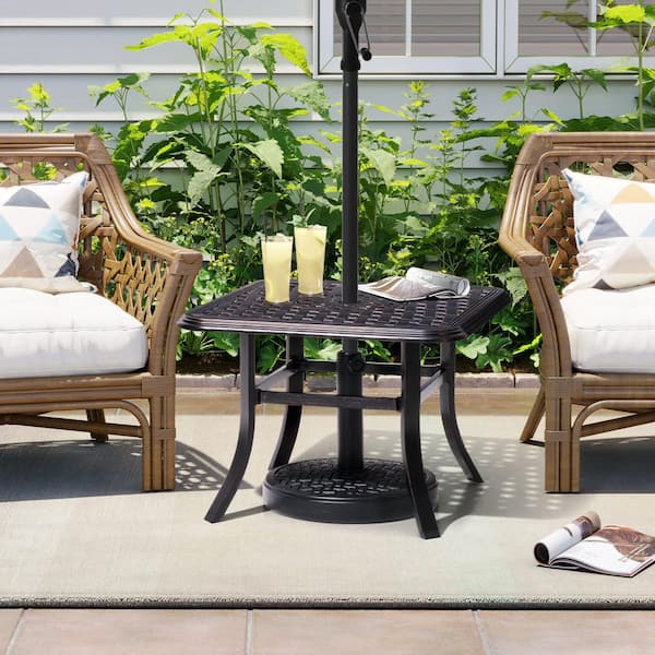Black Square Cast Aluminum Outdoor Side Table with Umbrella Hole