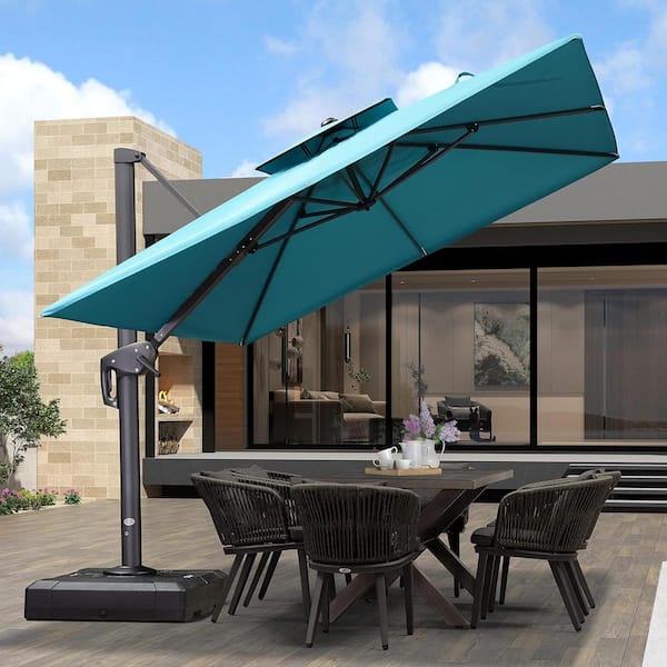 PURPLE LEAF 9 ft. x 12 ft. 2-Tier Aluminum Cantilever° Rotation Patio Umbrella with Base, Turquoise Blue
