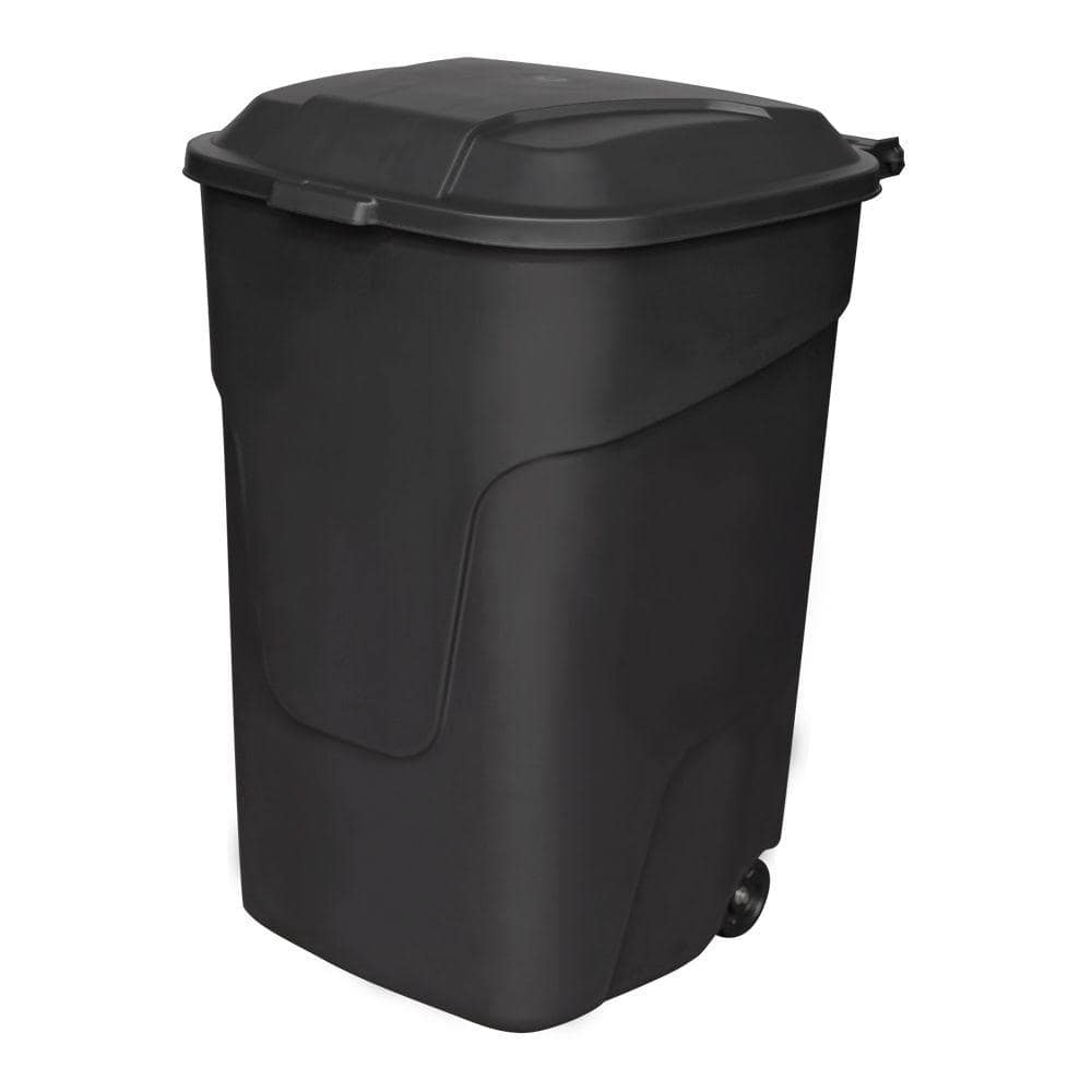 Black Multi-Purpose Plastic Trash Can with Wheels and Attached Black Li...