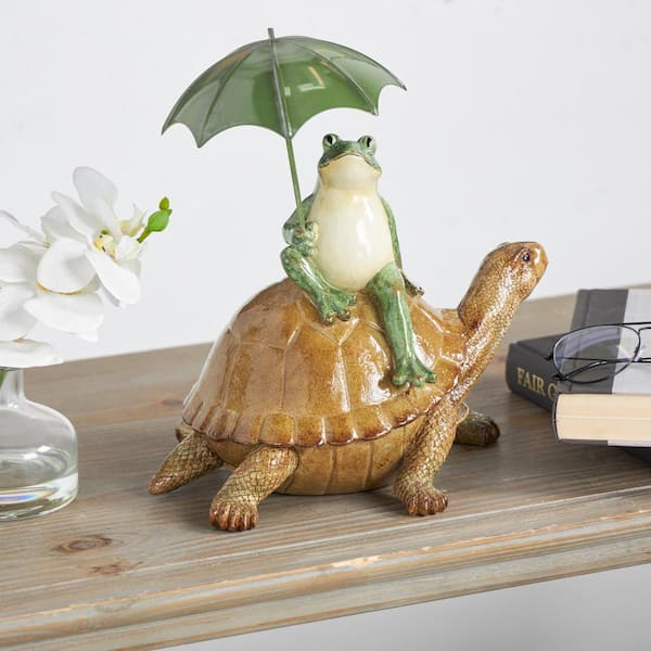 Litton Lane Bronze Resin Sitting Frog Sculpture with Umbrella and Brown Walking Turtle
