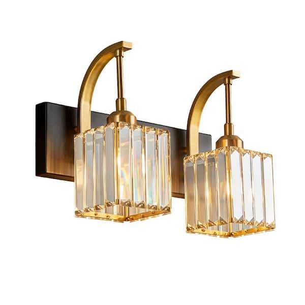 Home Lighting 13.77 in. 2-Light BlackGold Square Vanity Lights with Crystal Accents Over Mirror For Bathroom（JW-294）