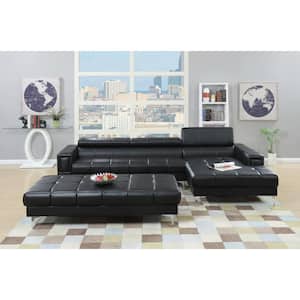 117 in. 2-Piece Leather 6-Seater L-Shaped Sectional Sofa with Metal Legs in Black