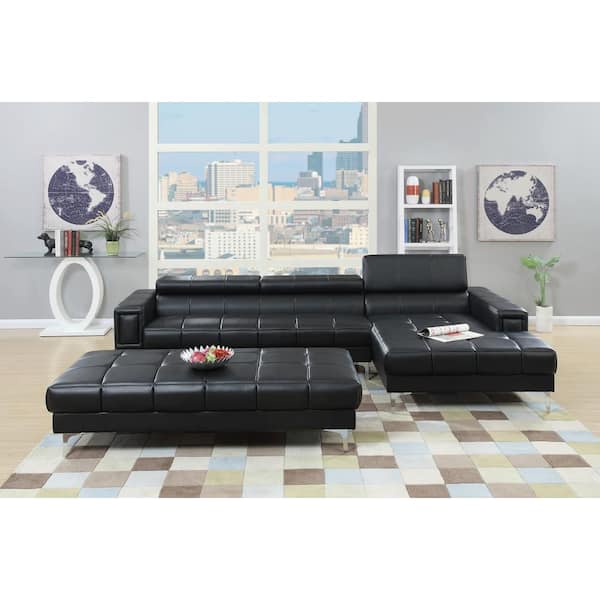 117 in. Square Arm 2-Piece Leather L-Shaped Sectional Sofa in Black with Chaise