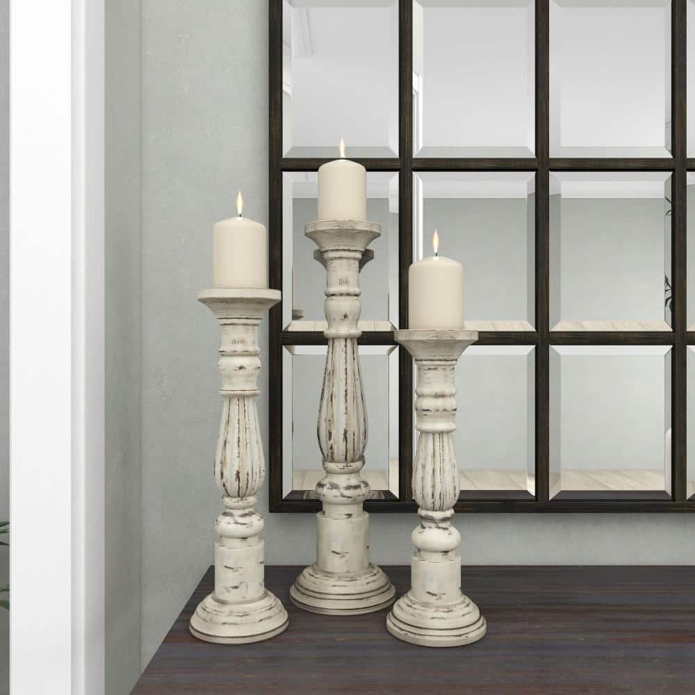 Distressed White Mango Wood Candle Holder Set, 21" 17" 15"