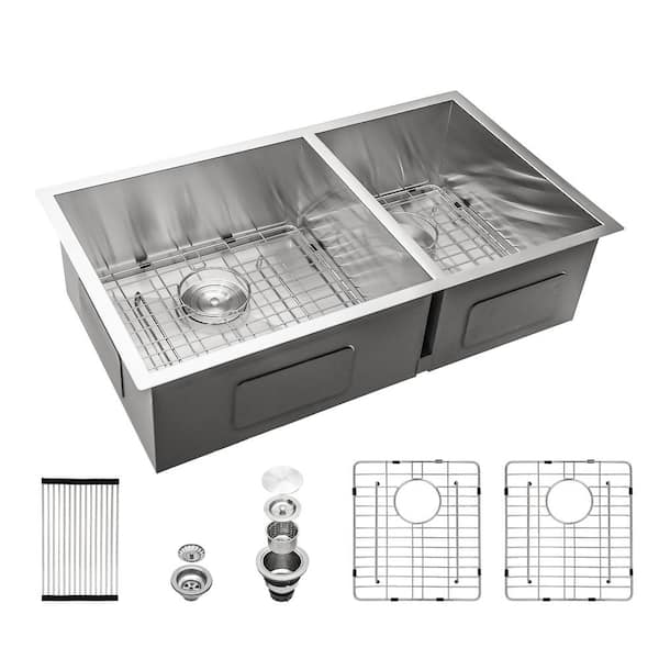 33 in. Undermount Double Bowl (60/40) 16 Gauge Brushed Nickel Stainless Steel Kitchen Sink with Drain Assembly
