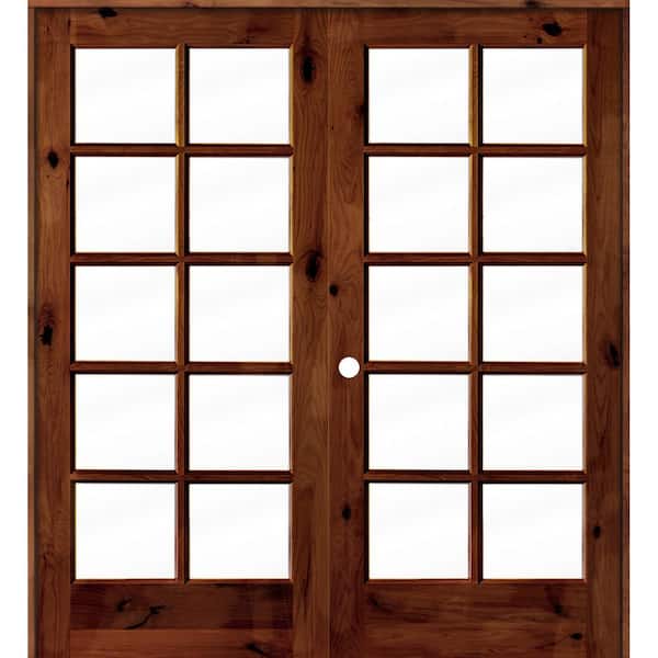 Krosswood Doors 72 in. x 80 in. Knotty Alder Right-Handed 10-Lite Clear Glass Red Chestnut Stain Wood Double Prehung French Door