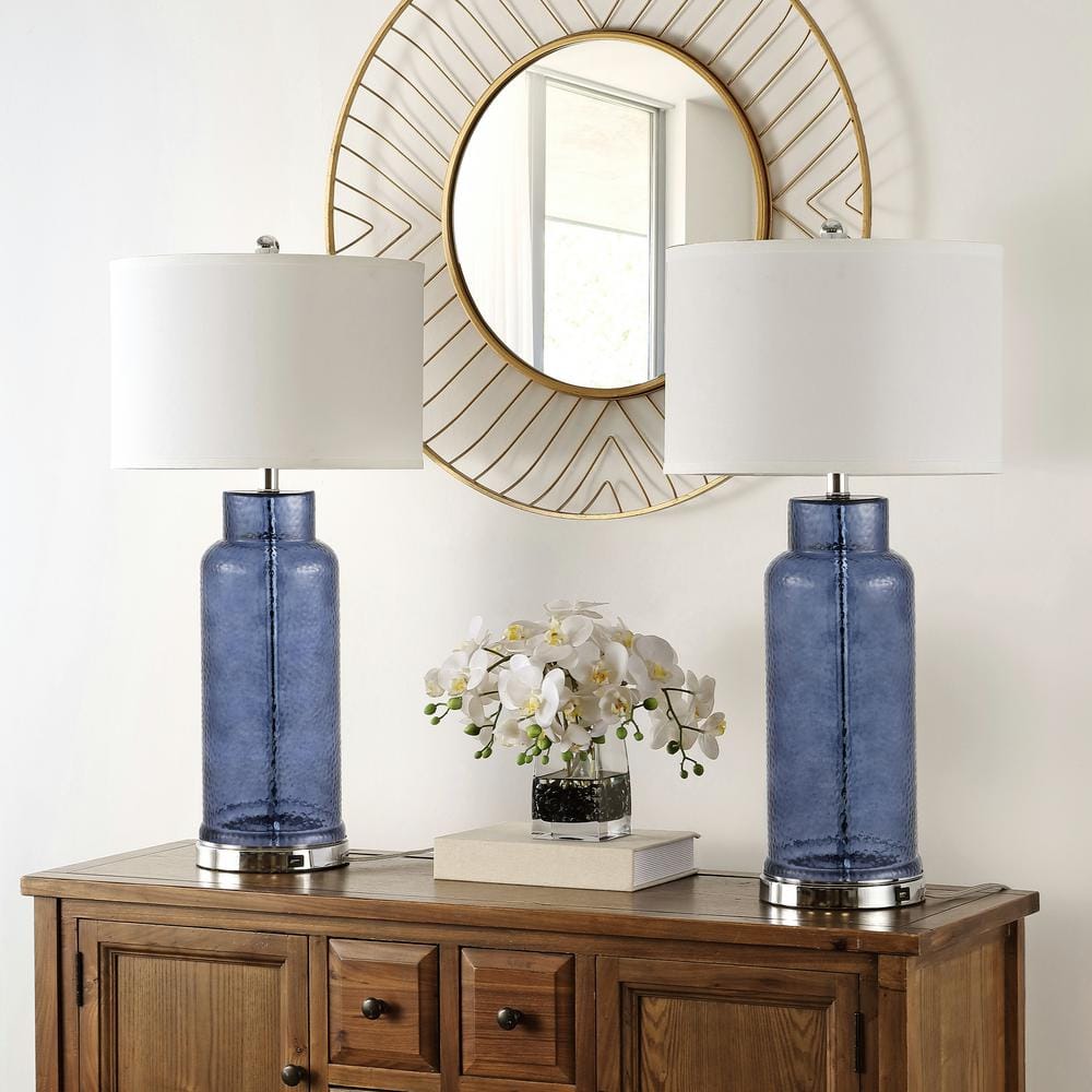 Blue Glass Table Lamp Set with Silver Base and USB Port
