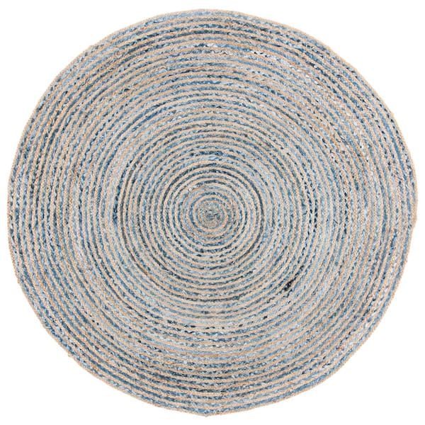 SAFAVIEH Cape Cod Natural/Blue 10 ft. x 10 ft. Braided Striped Round Area Rug