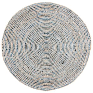 Cape Cod Natural/Blue 3 ft. x 3 ft. Braided Striped Round Area Rug