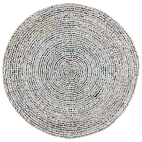 Cape Cod Natural/Blue 5 ft. x 5 ft. Braided Striped Round Area Rug
