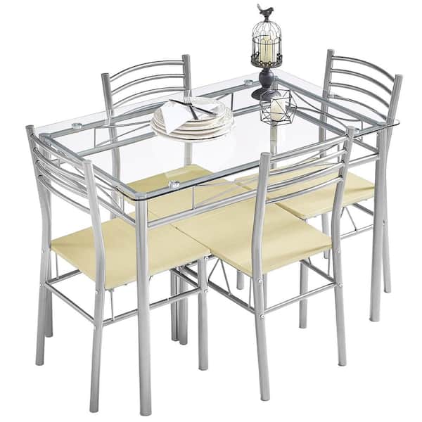 VECELO Dining Table Set, 5 Pieces Dining Set with Tempered Glass Top Table and 4 Chairs For Dining Room, Silver, 43.3 in. L