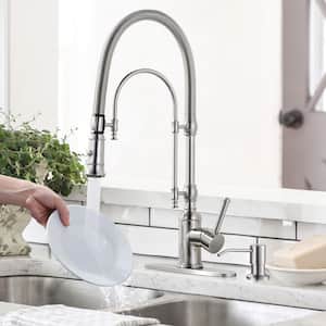 Single Handle Convenient Pull Down Sprayer Kitchen Faucet in Brushed Nickel with Soap Dispenser