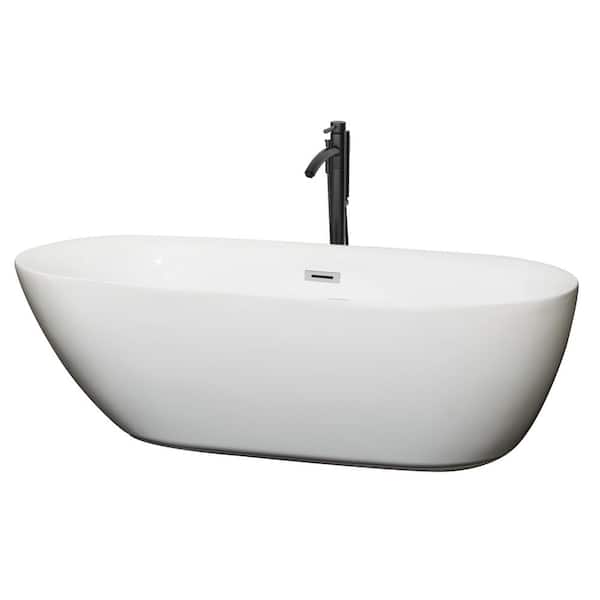 Wyndham Collection Melissa 70.75 in. Acrylic Flatbottom Bathtub in White with Polished Chrome Trim and Matte Black Faucet