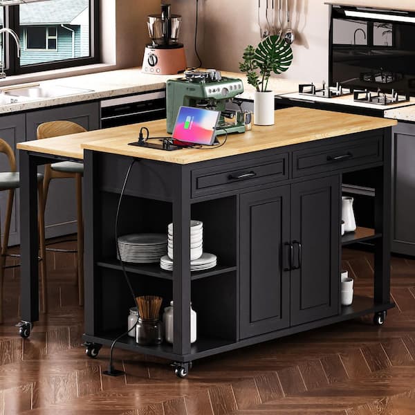 Cesicia Farmhouse Black Wood 47.2 in. Power Outlet Kitchen Island Extendable Dining Table with 2-Drawer and 2-Cabinet