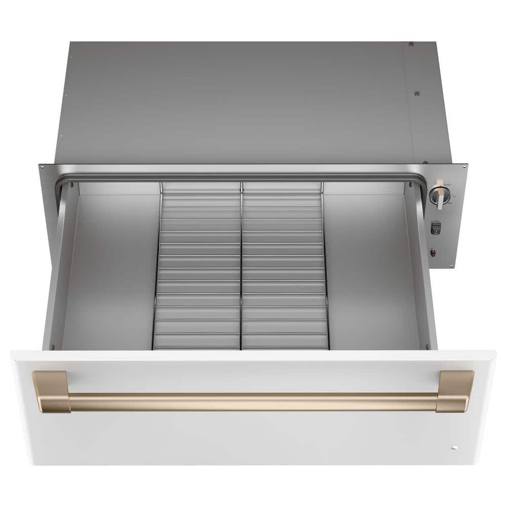 Matte White 30'' Electric Warming Drawer with Brass Handle