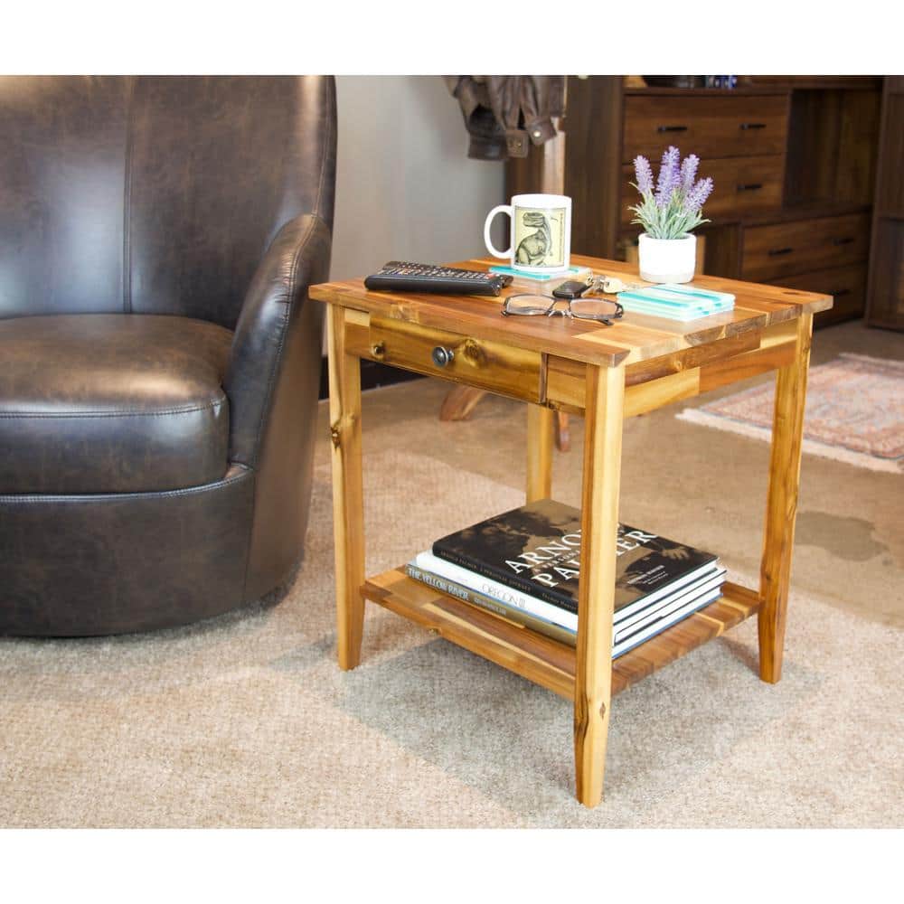 Solid Acacia Wood End Table with Drawer and Shelf