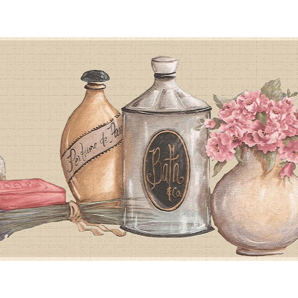 Dundee Deco Falkirk Dandy II Grey Pink Beige Flowers and Bottles Floral Peel and Stick Wallpaper Border