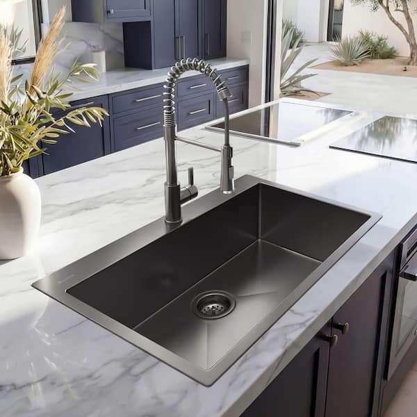 33 in. Drop-In Single Bowl 18 Gauge Gunmetal Black Stainless Steel Kitchen Sink with Black Spring Neck Faucet