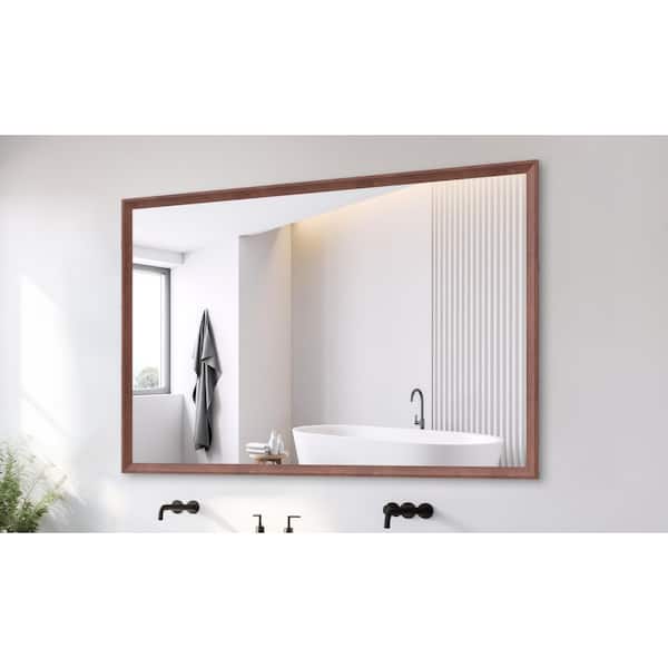 60 in. x 40 in. Walnut Frame Rectangle Oversize Wall Bathroom Vanity Mirror Easy Hang Decorative Mirror