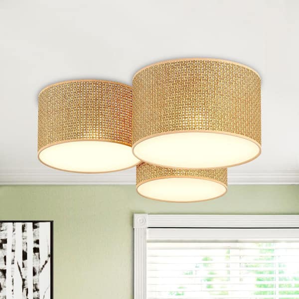 23.6 in. 3-Light Boho Style Black Hand-Woven Drum Flush Mount