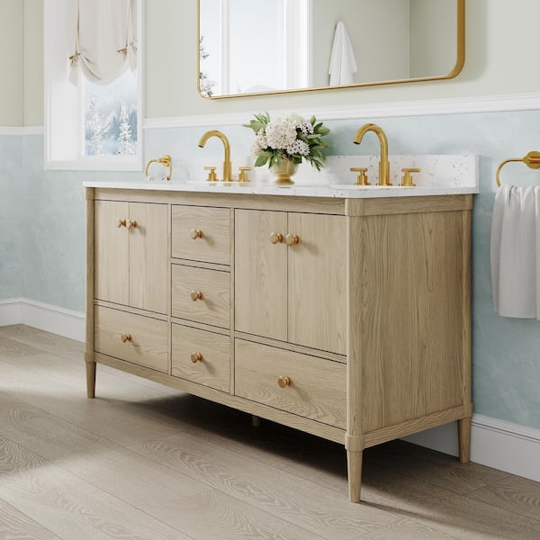 60 in. OAK Solid Wood Bath Vanity with Carrara White Quartz Top, Soft-Close Doors, Drawers, CUPC Certified, Assembled